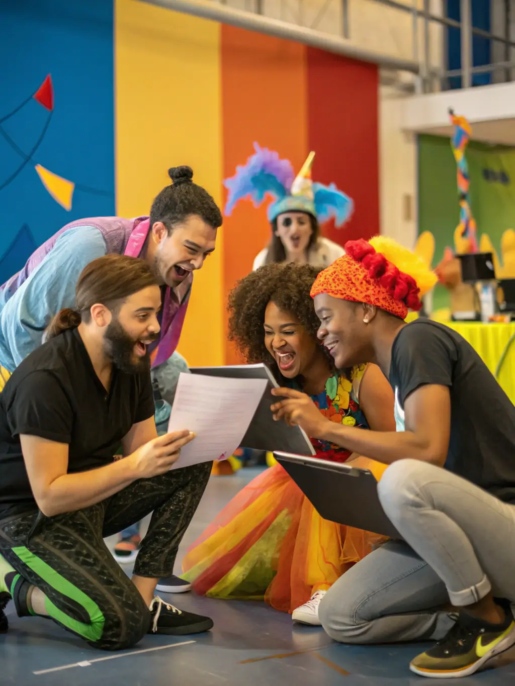 A vibrant photo of amateur artists rehearsing a play on stage, showcasing the energy and collaboration involved in LORELEI's theater program.
