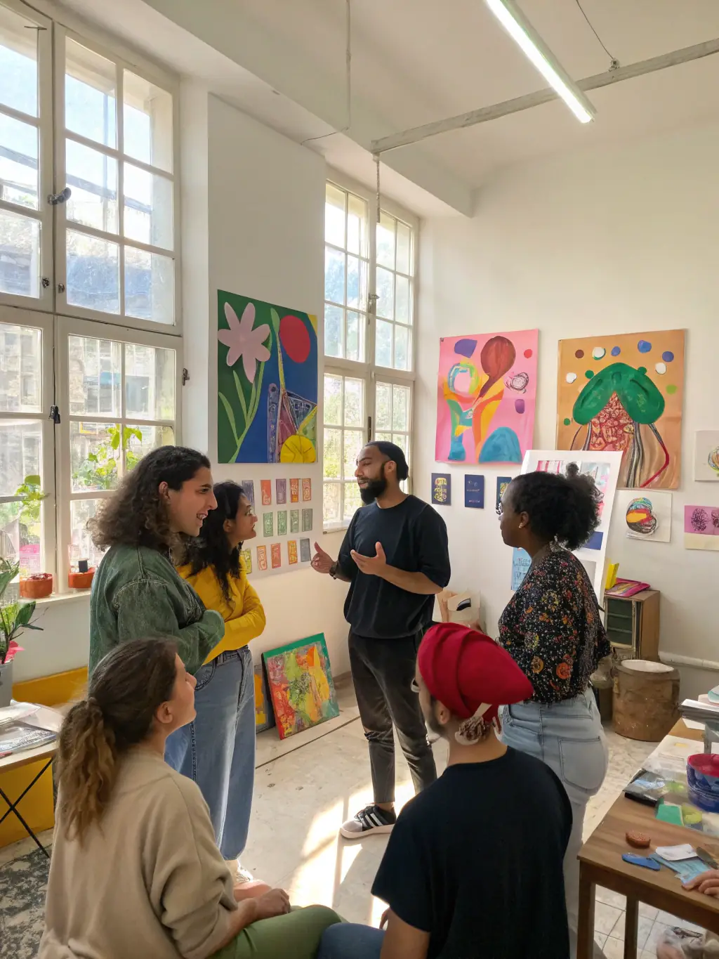 A diverse group of artists creating visual art pieces in a workshop setting, highlighting LORELEI's commitment to fostering creativity in various art forms.