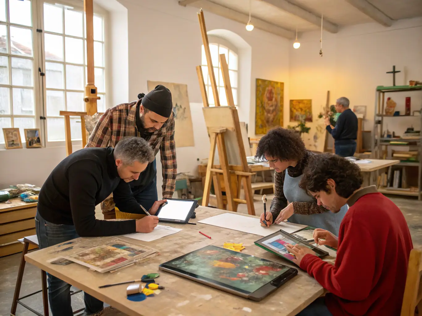 A group of amateur artists working on a collaborative art project, highlighting the community aspect of LORELEI's visual arts program.